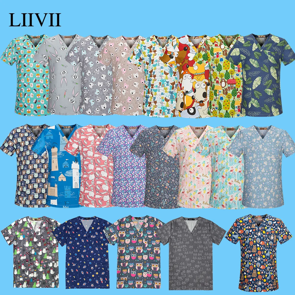 Medical Scrubs Cotton Cartoon Print Nurse Uniform Laboratory Pet Shop Overalls Fashion Slim Breathable Frosted Tops