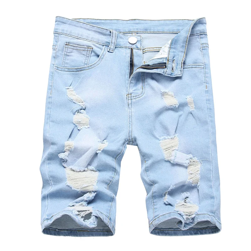 Men Short Denim Pants Ripped Knee Length Middle Waist Holes Causual Fashional Bleached Distressed Shorts Straight 21B1