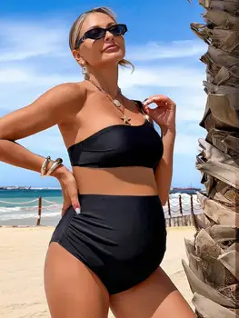 Maternity Solid Color Halter Two Piece Bikini Swimwear Set