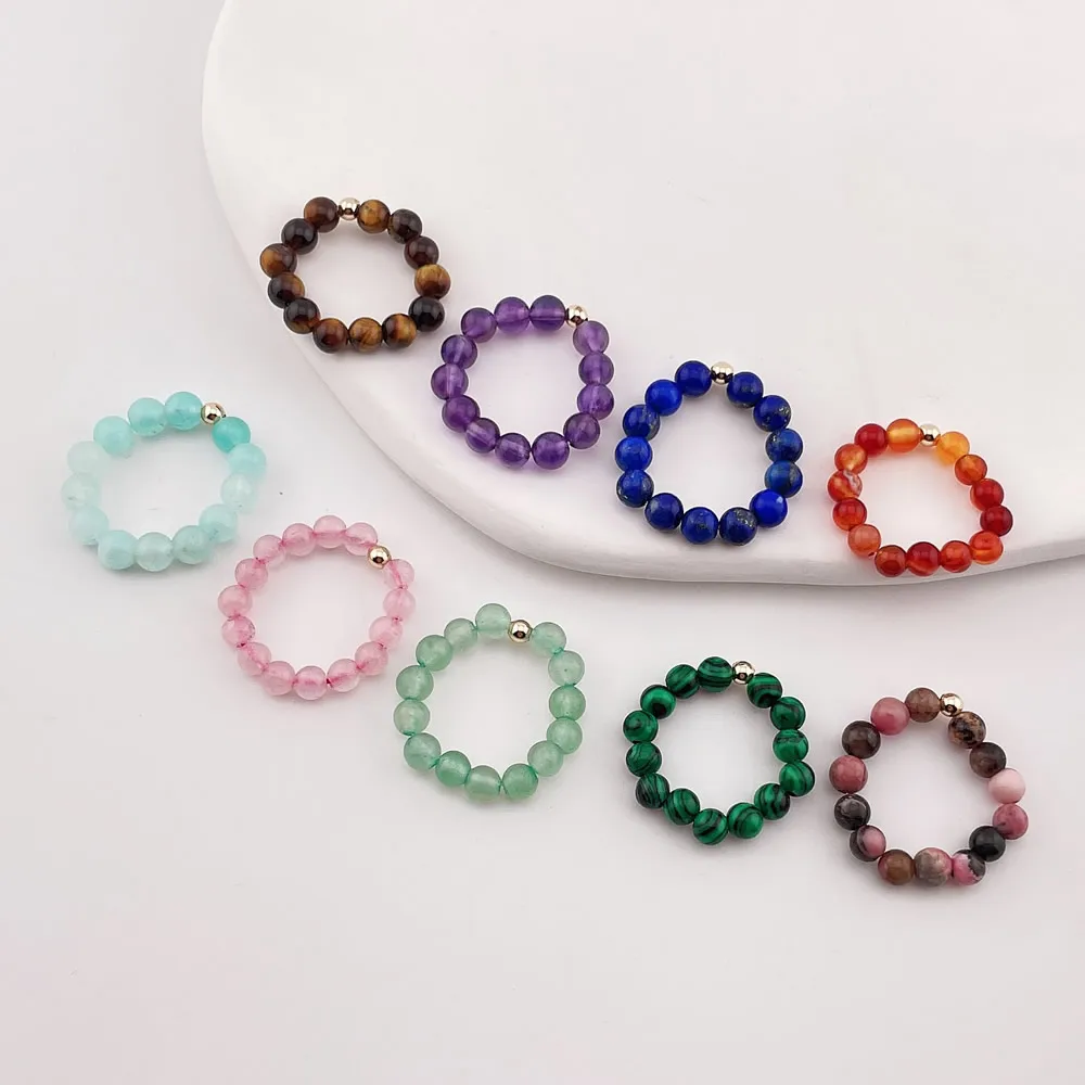 Skysk Natural Multi-Color Gemstone Stretchy Rings - 4mm Round Beads, Adjustable Size, Nickel-Free