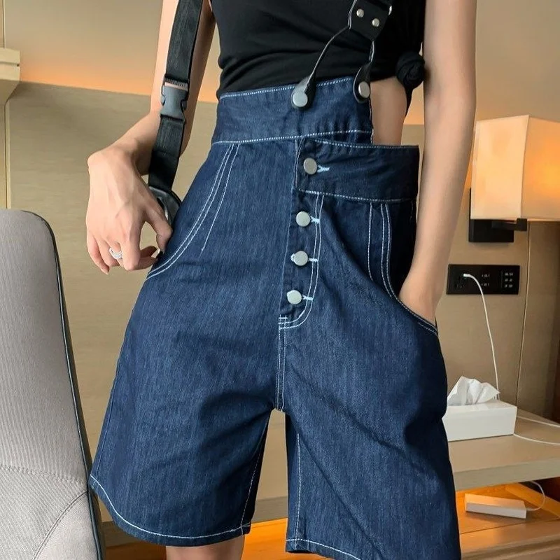 Summer One-shoulder Denim Overalls Knee-length Ladies Denim Trousers Loose One-shoulder Streetwear Overall Causal Jumpsuit half denim overall shorts women 2023 summer new korean style large size straps loose thin wide leg jumpsuit rompers fashion