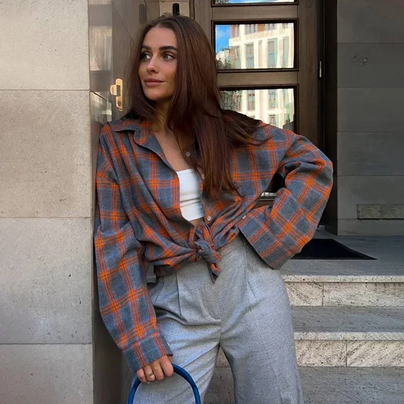 Oversized Plaid Shirt Autumn Winter Women Vintage Long Sleeve Fashion Loose Lapel Pocket Shirt Fit Blouse Korean Style 6