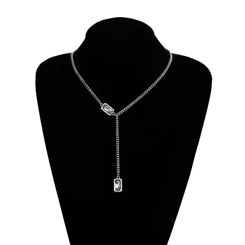 Vintage Black Square Rhinestone Pendant Necklace - Fashion Simple Y-Shape Long Neckline Enhancing Jewelry Gift for Women & Girls