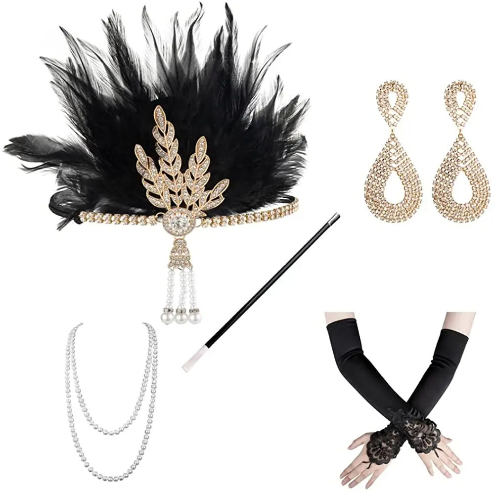 1920s Women's Clothing Flapper Clothing Accessory Set Headband Earrings Necklace Glove Holder