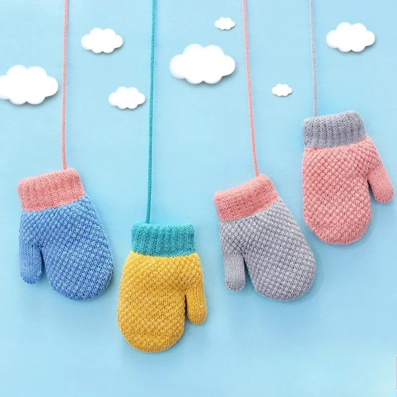 Winter Baby Boys Girls Knitted Gloves Warm Full Finger Mittens Gloves with Rope For Children Toddler Kids 0-4Years winter gloves baby mittens
