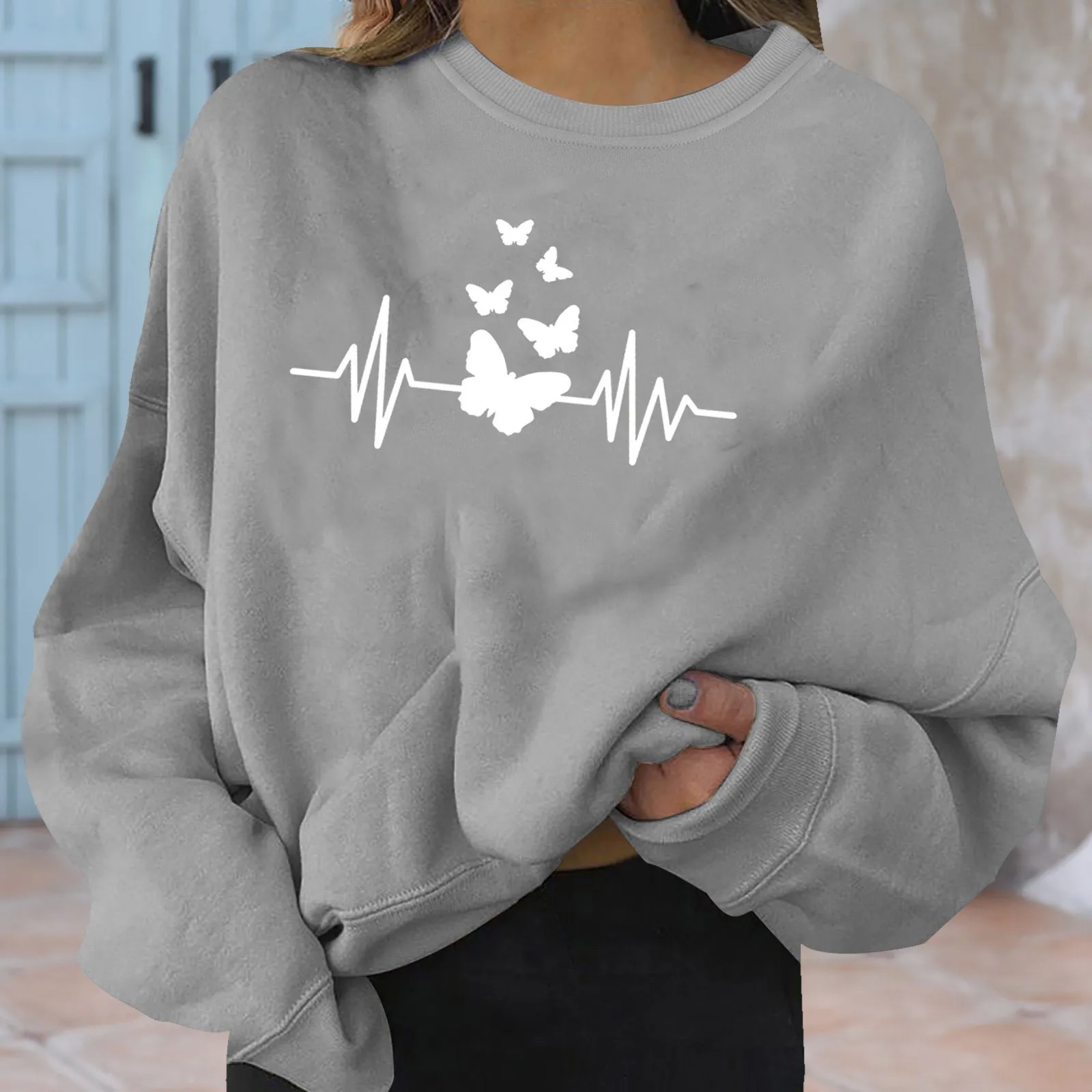 

Butterfly Heartbeat Print Woman Sweatshirt Sweet Korean O-neck Knitted Pullover Thick Autumn Winter Candy Color Women Clothes