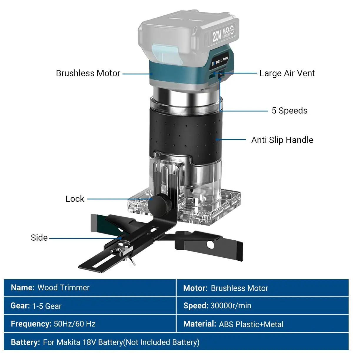 Drillpro 5 Speeds Brushless Electric Trimmer Machine Cordless Wood Router Woodworking Engraving Slotting for 18V Battery