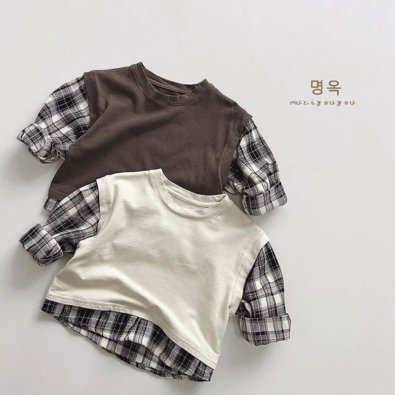 

Plaid Splice Contrast Color Base Shirt Children 2024 Spring Autumn New Korean Version Simple Texture T-Shirt Lovely Boys Blouse