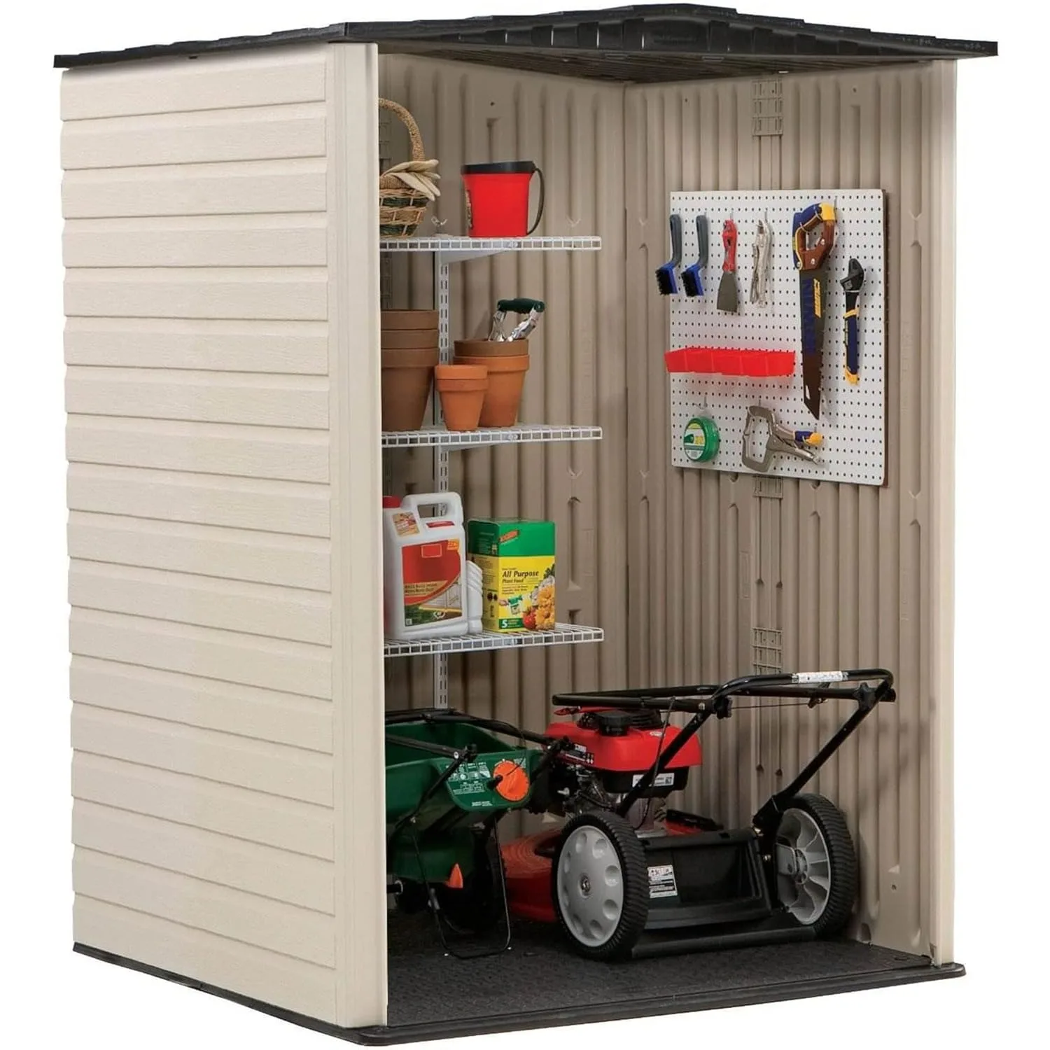 Rubbermaid Resin Weather Resistant Outdoor Storage Shed, 5 x 4 ft., Sandalwood/Onyx Roof, for Garden/Backyard/Home/Pool 2