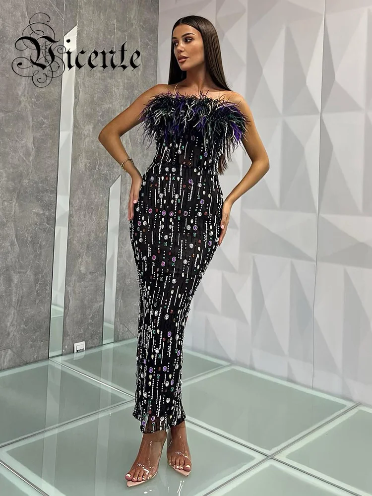 

VC Sexy Prom Dress For Women Strapless With Colourful Feather Sleeveless Long Evening Party Dress Formal Gowns