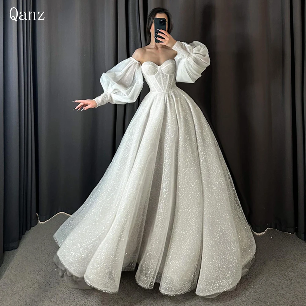 

Qanz Glitter Tulle Ball Gown Robe De Noiva Wedding Dress Sweetheart Puff Sleeves Pleat Wedding Gowns Plus Size Amanda Novias