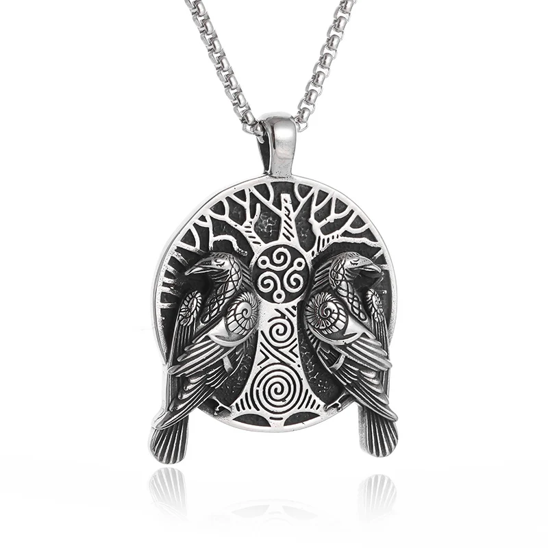 

Vintage Norse Mythology Viking Double Raven World Tree Pendant Necklace Men Women Odin Tree of Life Amulet Jewelry