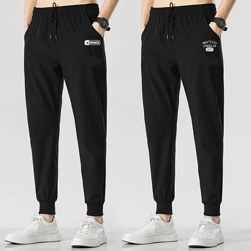 Korean Simplicity Pants Spring Solid Color Men's Elastic High Waisted Drawstring Printed Pockets Loose Straight Casual Trousers