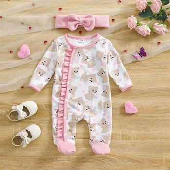 Toddler Girls 2-Piece Set Floral Print Ruffle Sleeve Top and Leggings Outfit with Matching Bow Headband Spring Clothes 5