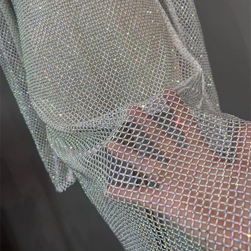 Elegantes Transparentes Strass-Netzkleid für Damen Langarm Hochgeschlossen Glitzerndes Durchsichtiges Partykleid – Detail 11