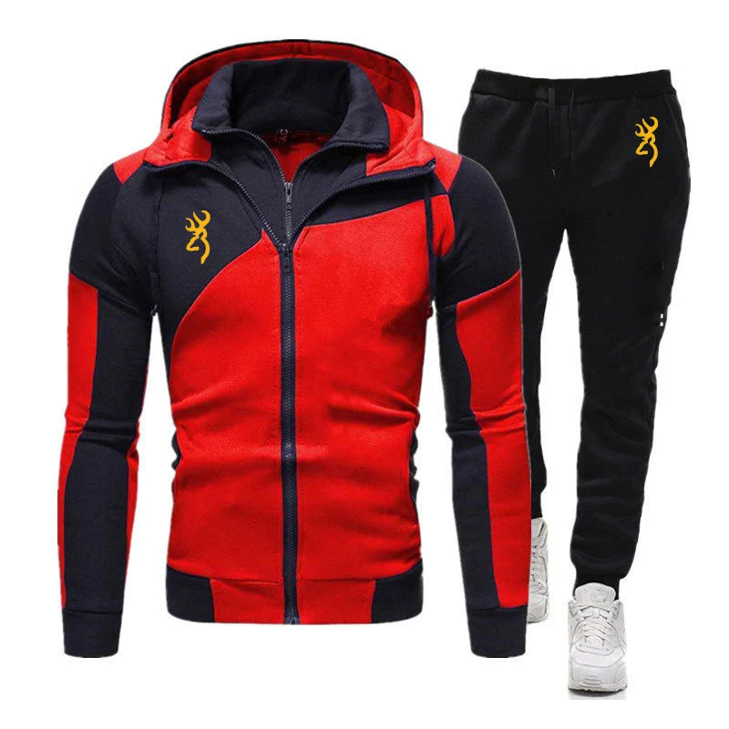 2023 Spring Autumn BROWNING Print Men's Double Zipper Design Fake Two Pieces Hooded Sweatshirts+Solid Color Sports Trousers Sets