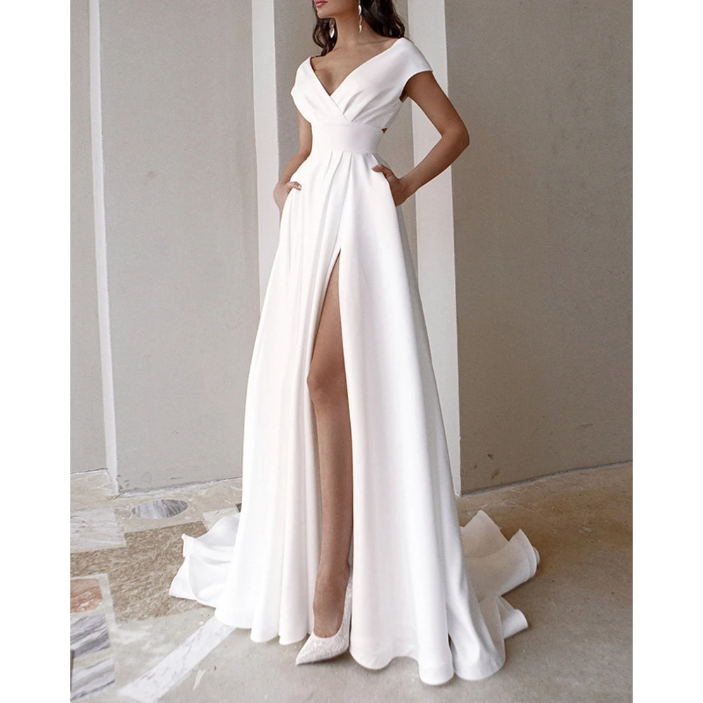 Elegant Women Off Shoulder V-Neck High Slit Maxi Party Dress Summer Female Ruched Cutout Back Sexy Dresses Evening Outfits
