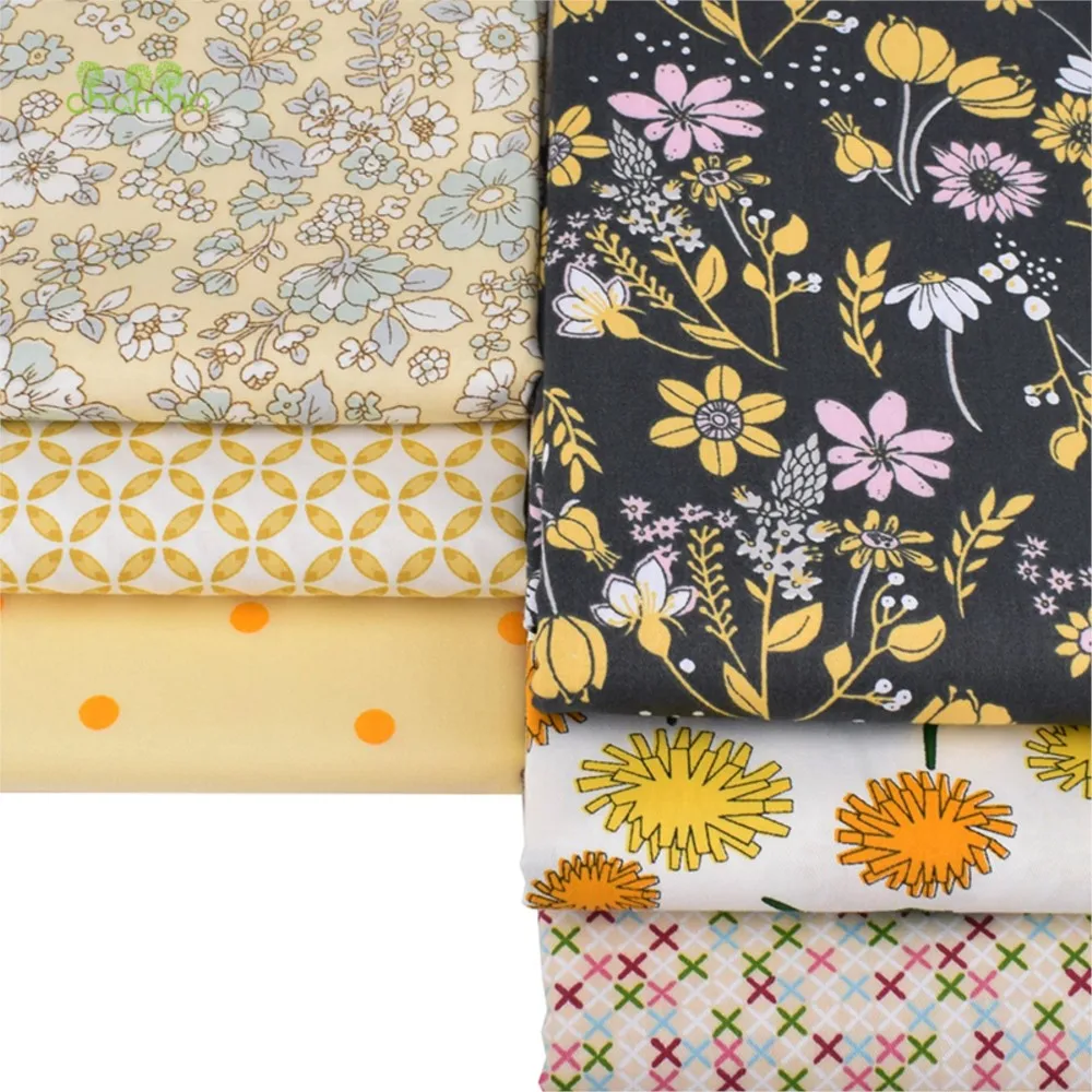 Chainho,Printed Twill Cotton Fabric,Patchwork Cloth,DIY Sewing & Quilting Material,Yellow Floral Series,6 Designs,2 Sizes,CC050