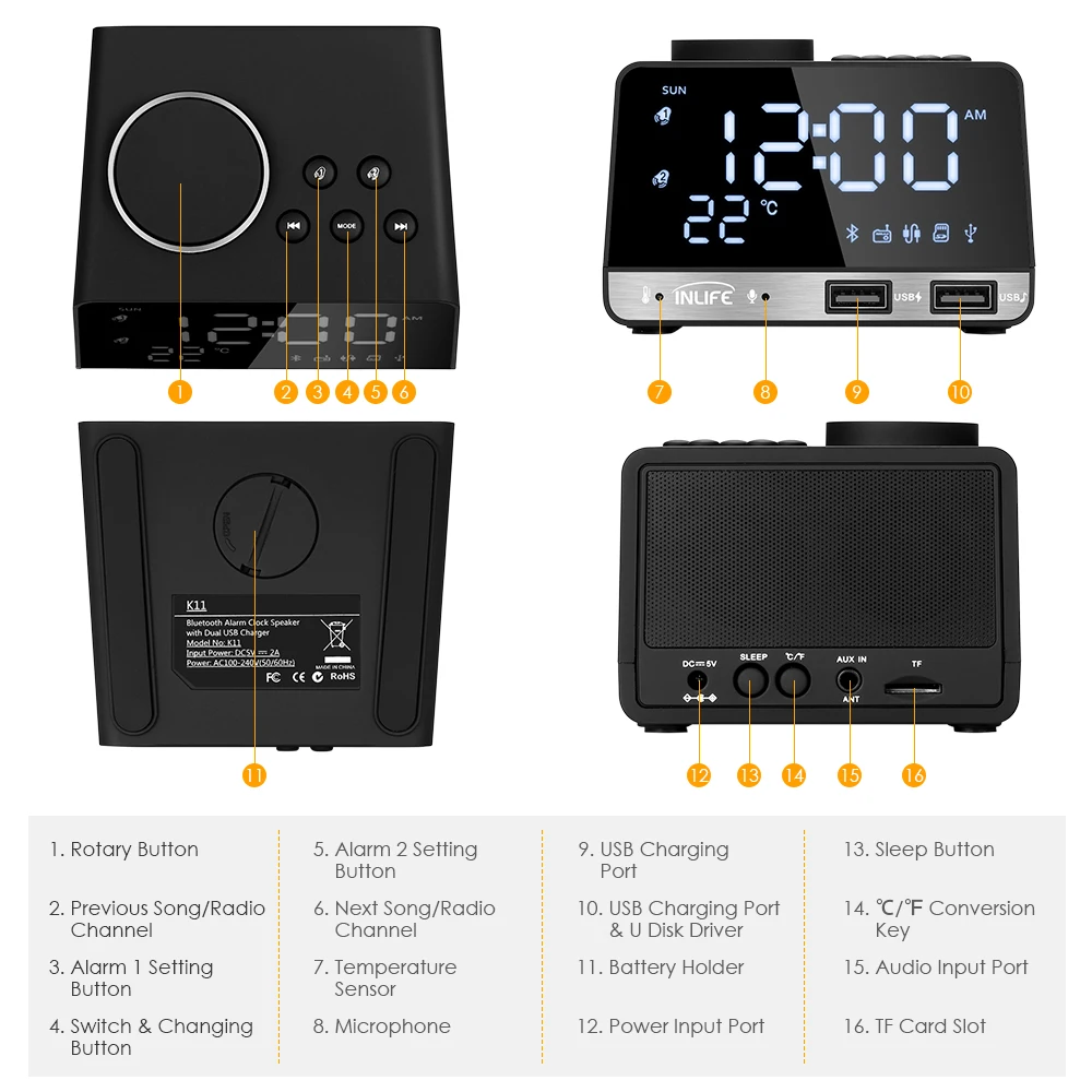 2025 Hot K11 Bluetooth-compatible Radio Alarm Clock Speaker