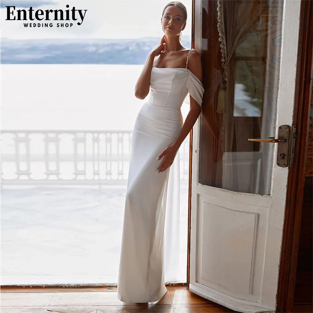 

Stylish Off The Shoulder Wedding Dress Short Sleeves Mermaid Shiny Straps Bride Gown Open Back Slit Simple Robe De Mariée