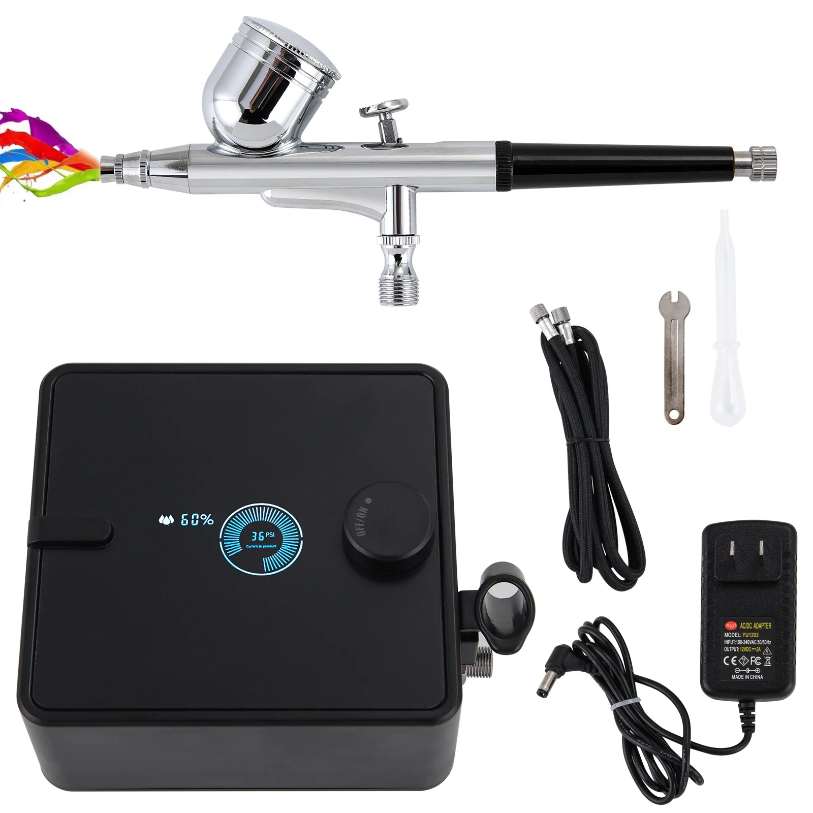 

Professional Airbrush Kit with Air Compressor Dual-Action Spray Gun 36 PSI Humidity Display for Model Painting Nail Tattoo Salon