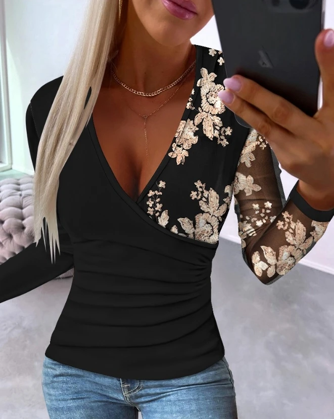 

Women's Blouse 2023 New Autumn Sequin Floral Sheer Mesh Patch Top Elegant Sexy V-Neck Long Sleeved Waist Fitting Pleated Y2K Top