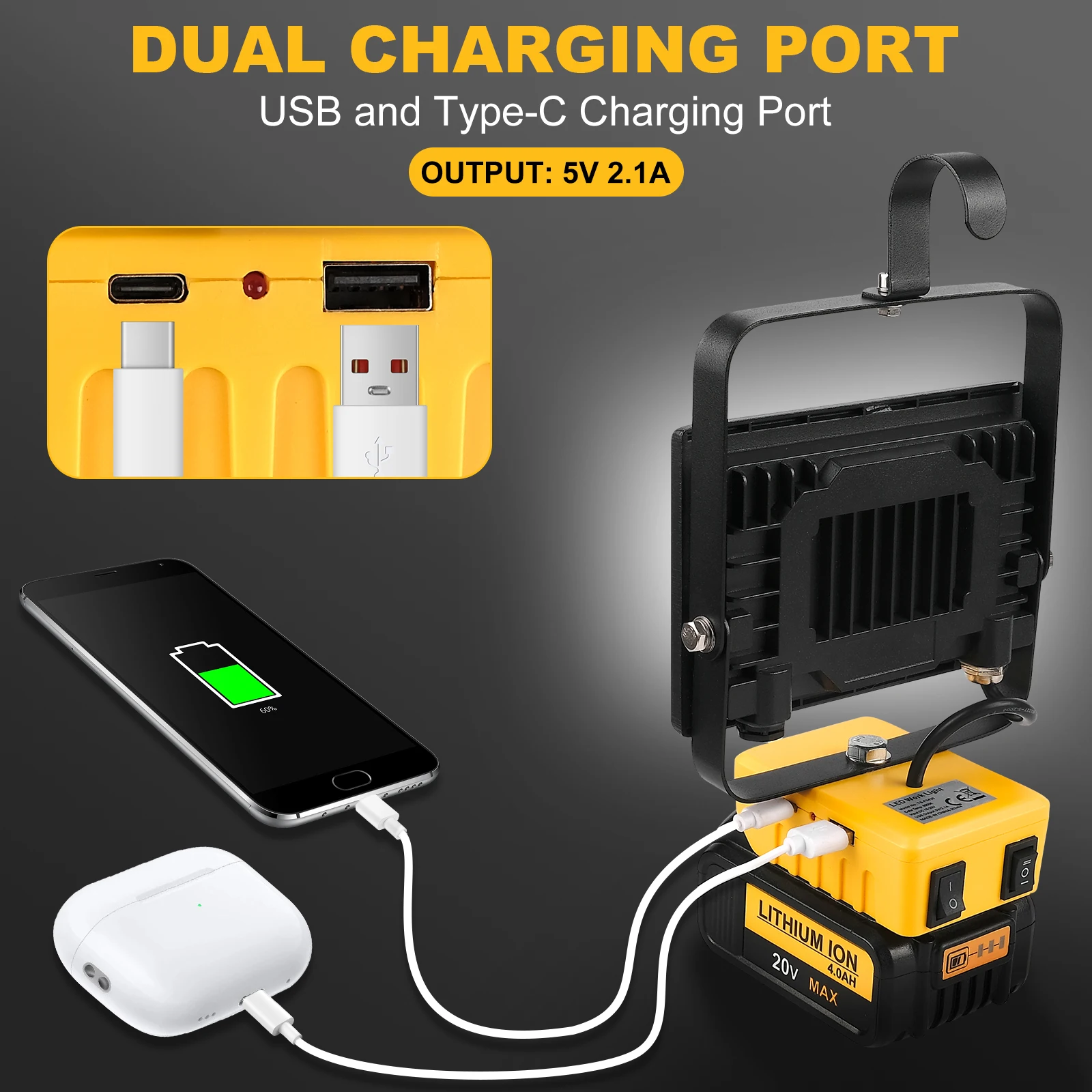 Portable Work Light 60W LED With Hook Handheld Rechargeable For DeWalt Camping