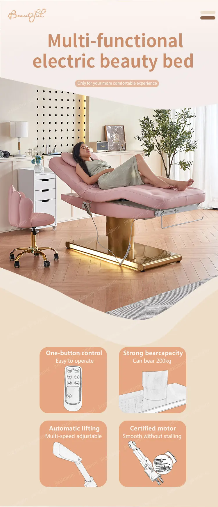 Description Picture 2 of itemSalon head spa milking massage table clinic facial chair pink electric beauty bed automatic lifting tattoo medical surgery bed