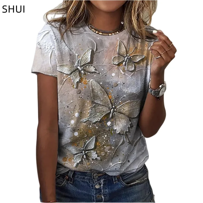 

New Women's Summer Top Harajuku Floral Butterfly Floral Fashion Casual Cute Style Fashion Ladies Short Sleeve 3D Printing Shirts