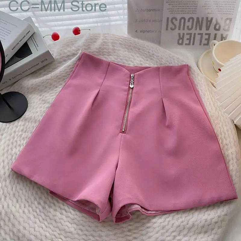 New Shorts Summer High Waist Wide Leg Zipper Bottoms Korean Casual Fashion Office Ladies Red Straight Shorts
