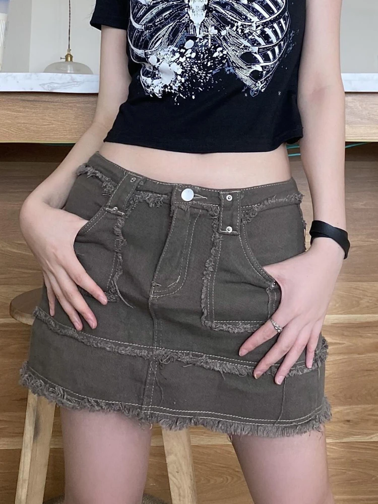 

HOUZHOU Vintage Distressed Patchwork Denim Mini Skirt Women Summer Grunge Y2k Sexy Low Rise A-line Jean Skirt Punk Streetwear