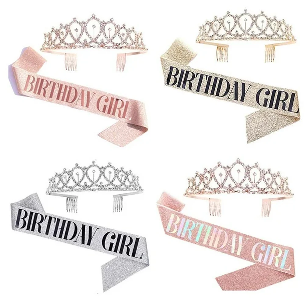 Party Supplies Bling Rhinestone Crystal Crown Tiara Birthday Anniversary Decoration Happy 18 21 30 40 50th Birthday Satin Sash