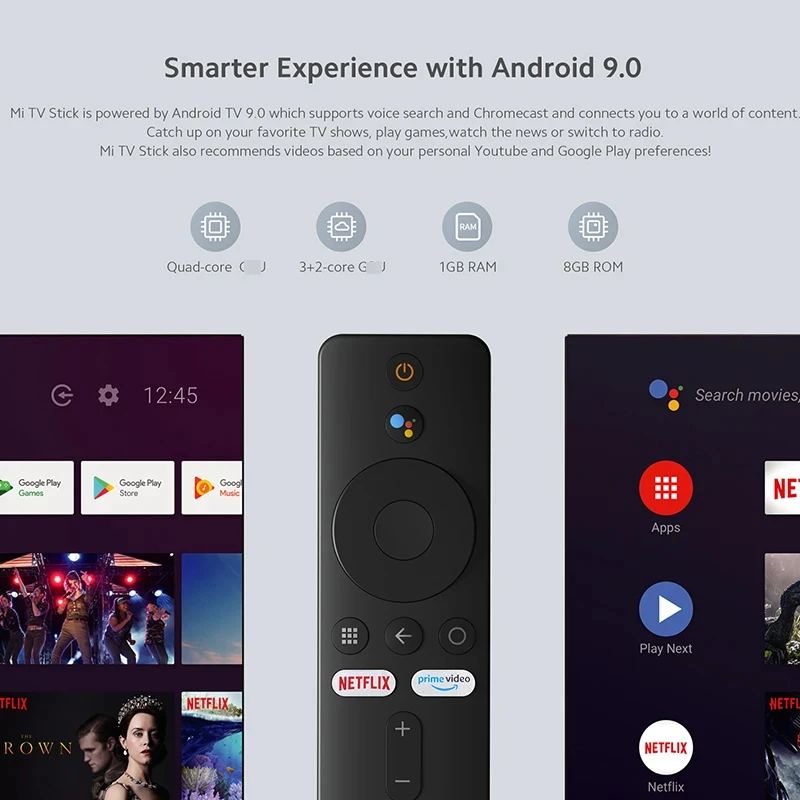 TV Stick Global Version Xiaomi Mi TV Stick Android TV 9.0 Quad-core 1080P Dolby DTS HD Decoding 1GB RAM 8GB ROM Google Assistant Netflix