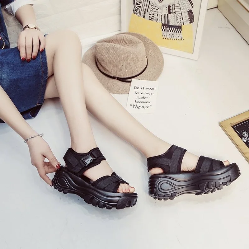 6cm Platform Sandals Women Wedges High Heels Shoes Women Buckle Leather Canvas Summer Zapatos Mujer Wedges Woman Sandals