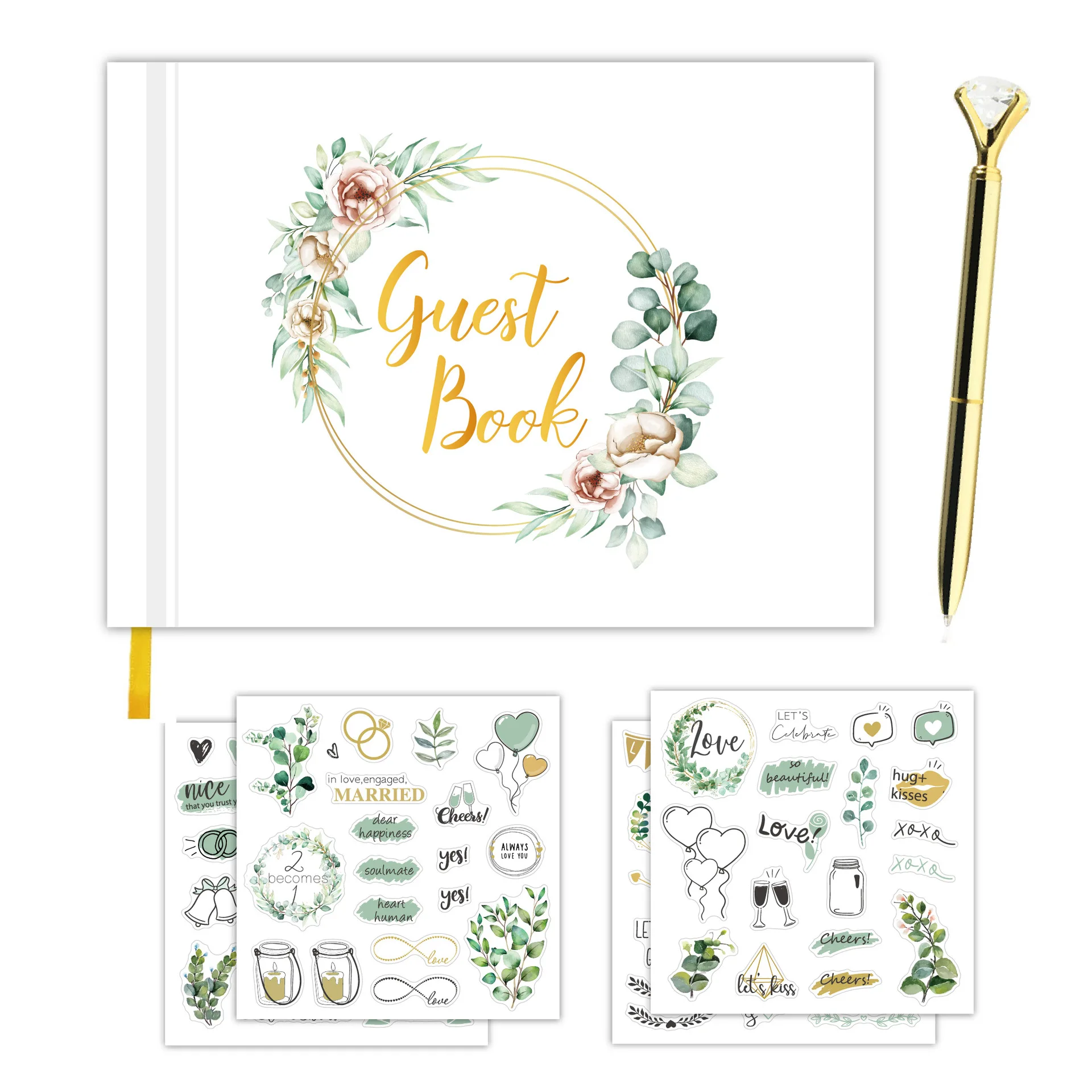 Bview Art Luxury Wedding Guest Book Set with Gold Foil Album-Blank Guest Sign-in Book for European & American Weddings