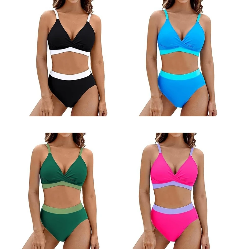 

Womens High Waist Bikinis Set Female Colorblock Swimsuits Ladies Two Pieces Bathing Suits Summer V-Neck Swimwear