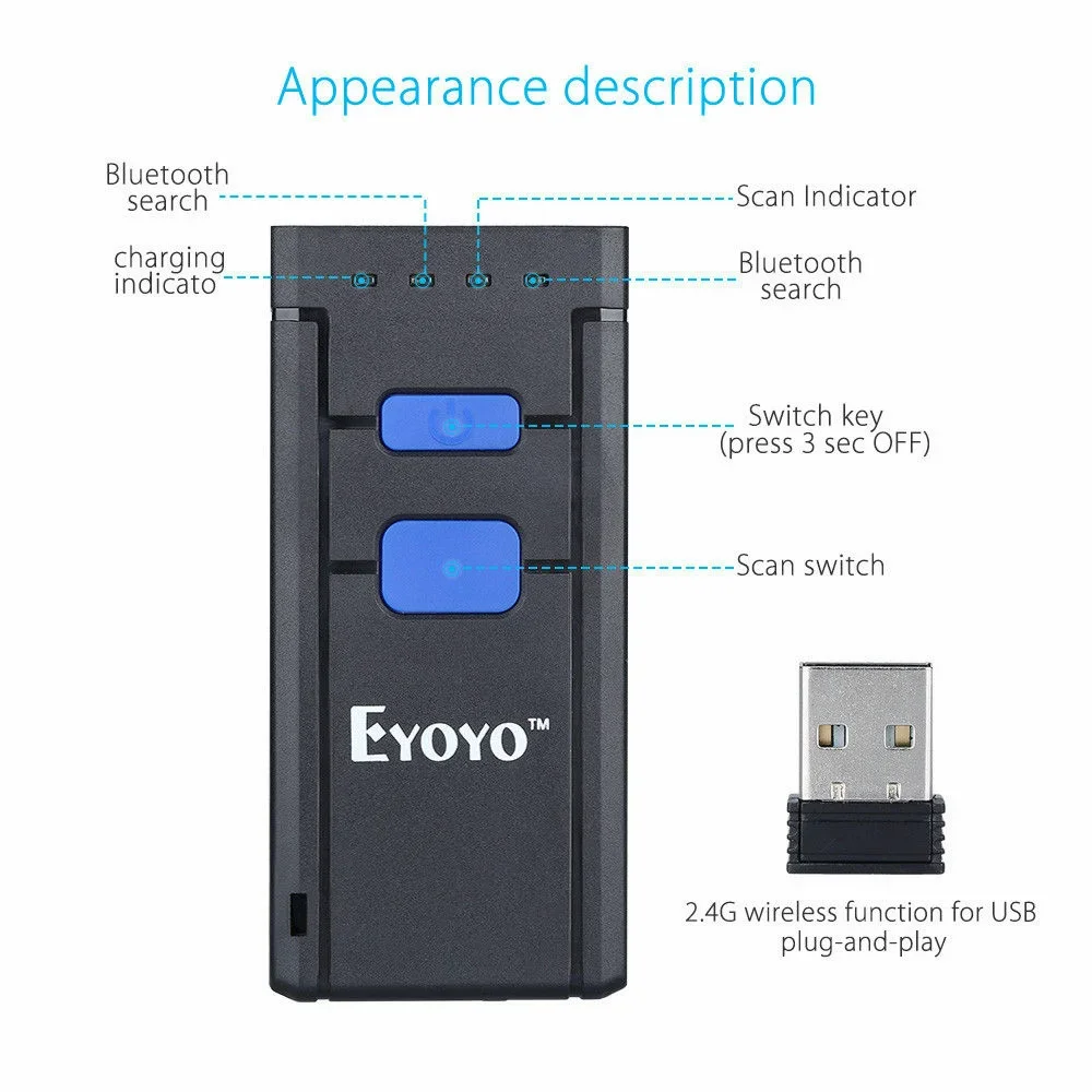 Eyoyo Wireless Bluetooth 1D Barcode Scanner Mini Laser Code Reader 2.4G Wireless & Wired Pocket Bar Code Gun IOS Android Windows