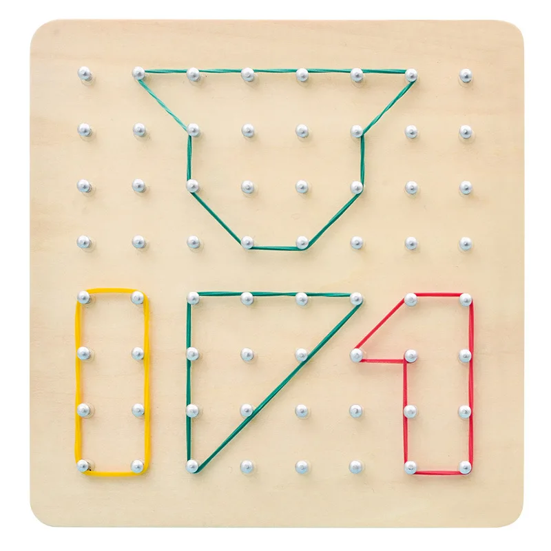 Wooden Montessori Nail Geoboard with 24 Pattern Cards Shape Puzzle Matrix and 40 Rubber Bands Stem Block Geoboard for Kids 4