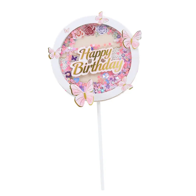 Happy Birthday Sequins Round Butterfly Cake Topper Cake Decoration Simulation Butterflies Wedding Cake Decorating Supplies