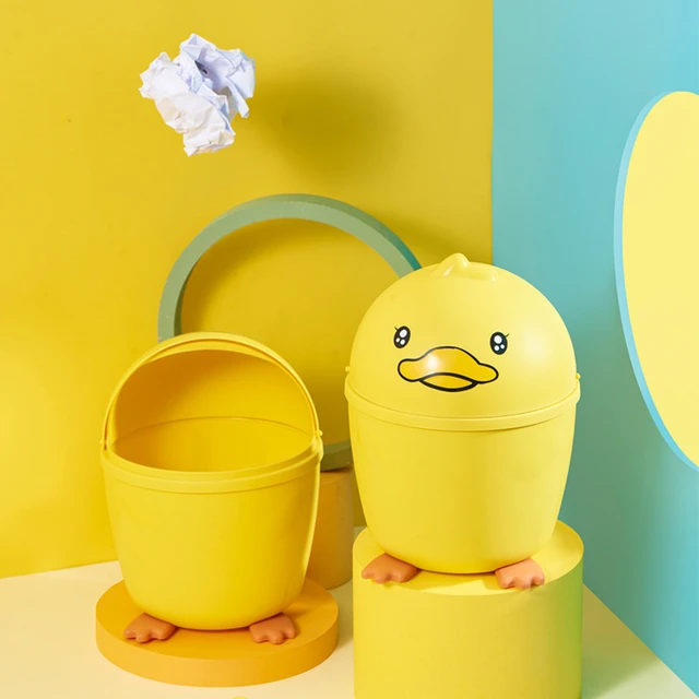 Creative Desktop Fliping Type Trash Can with Lid Kawaii Cute Duck Office  Paper Basket Mini Trash