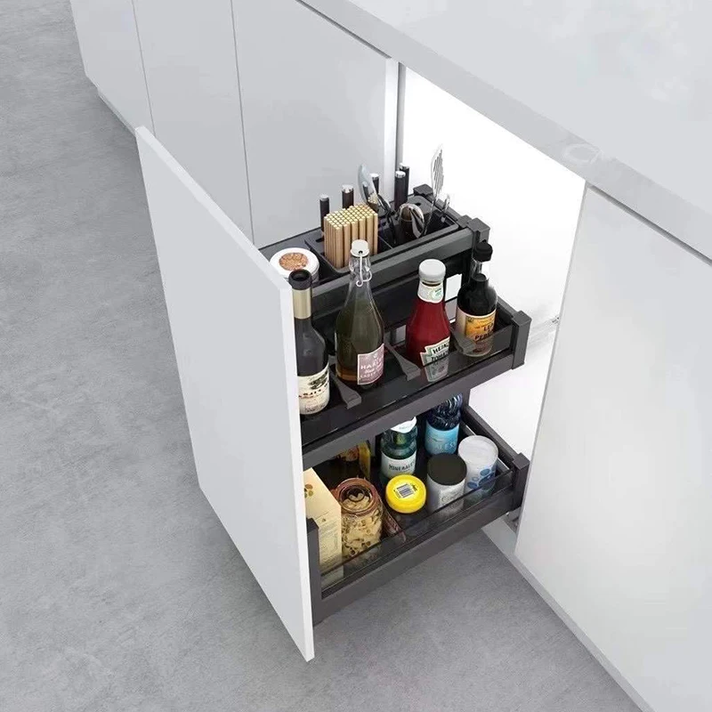 

High kitchen shallow basket drawer seasoning basket rack push-pull built-in space aluminium black.