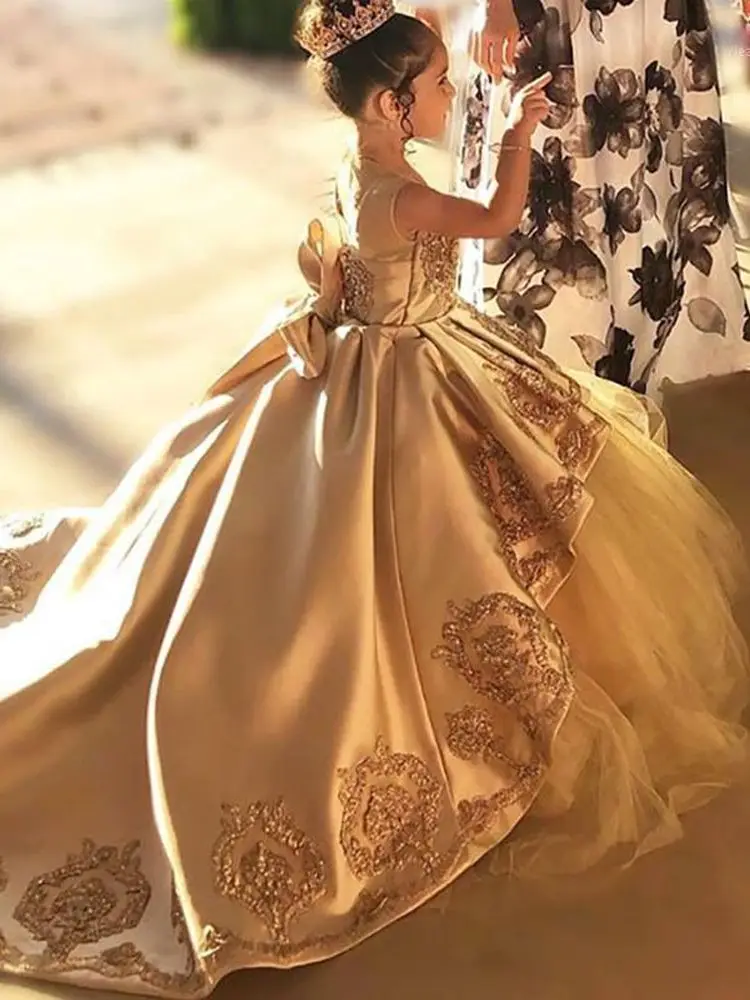 High Quality First Communion Dresses Kids Evening Ball Gown Gold Applique Bow Girls Pageant Dress Satin Tulle Flower Girl Dress flower girl dresses