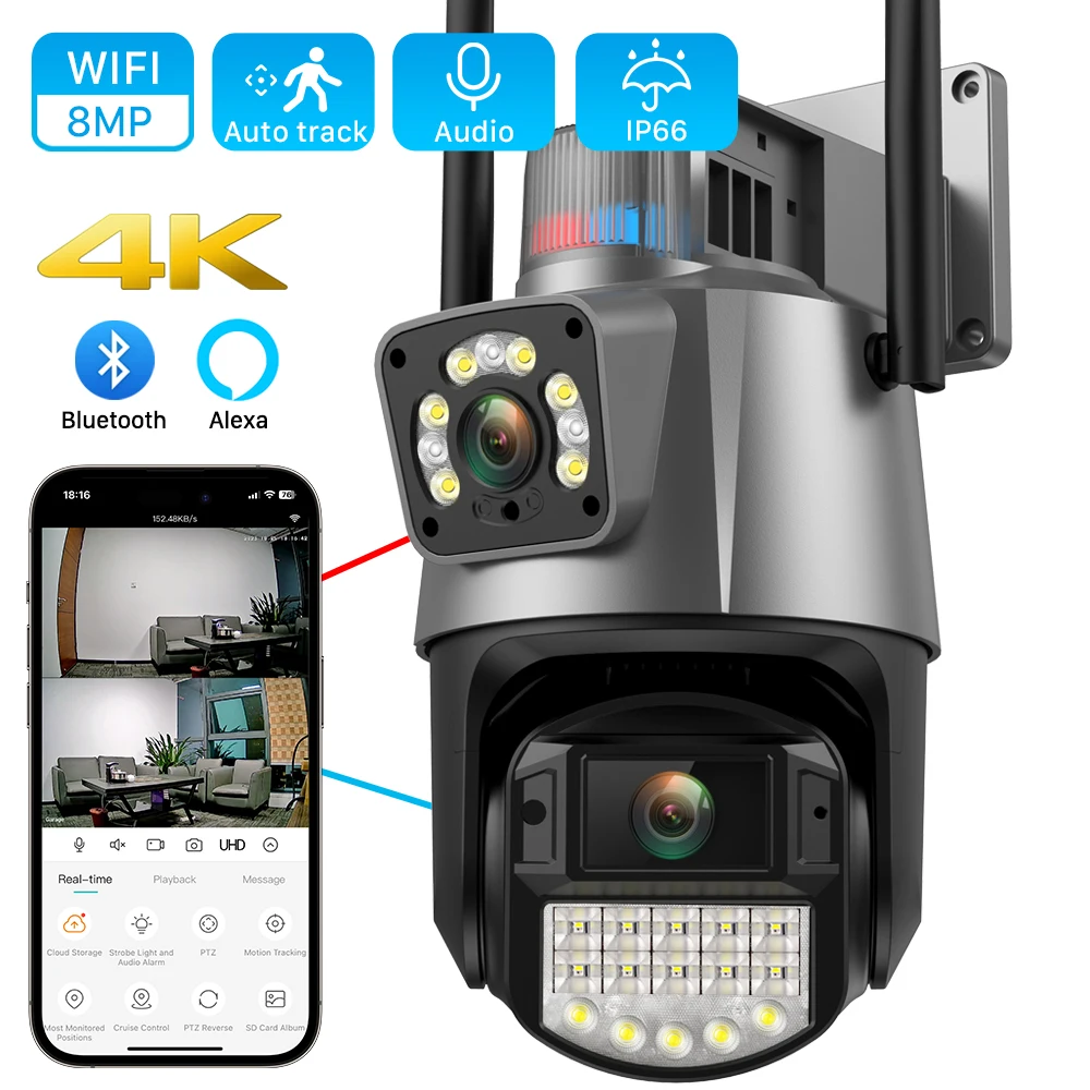 8MP 4K Wifi IP Camera Outdoor 4X Zoom Dual Lens Dual Screens PTZ Camera Ai Auto Tracking CCTV Surveillance Video Camera ICSEE