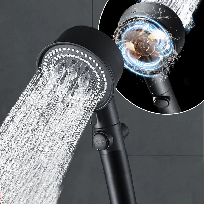 

Black High Pressure Turbo Shower Head 5 Modes Water Saving With Small Fan One-key Stop Water Shower Head For Bathroom