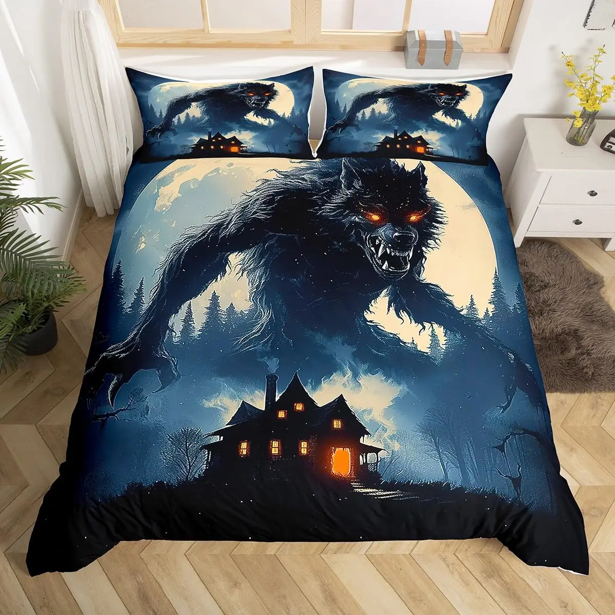Akkialla Queen-Size Bettwäsche-Set – Himmelblau Mit Blumenmuster, Mikrofaser, 1 Steppdecke + 2 Kissenbezüge