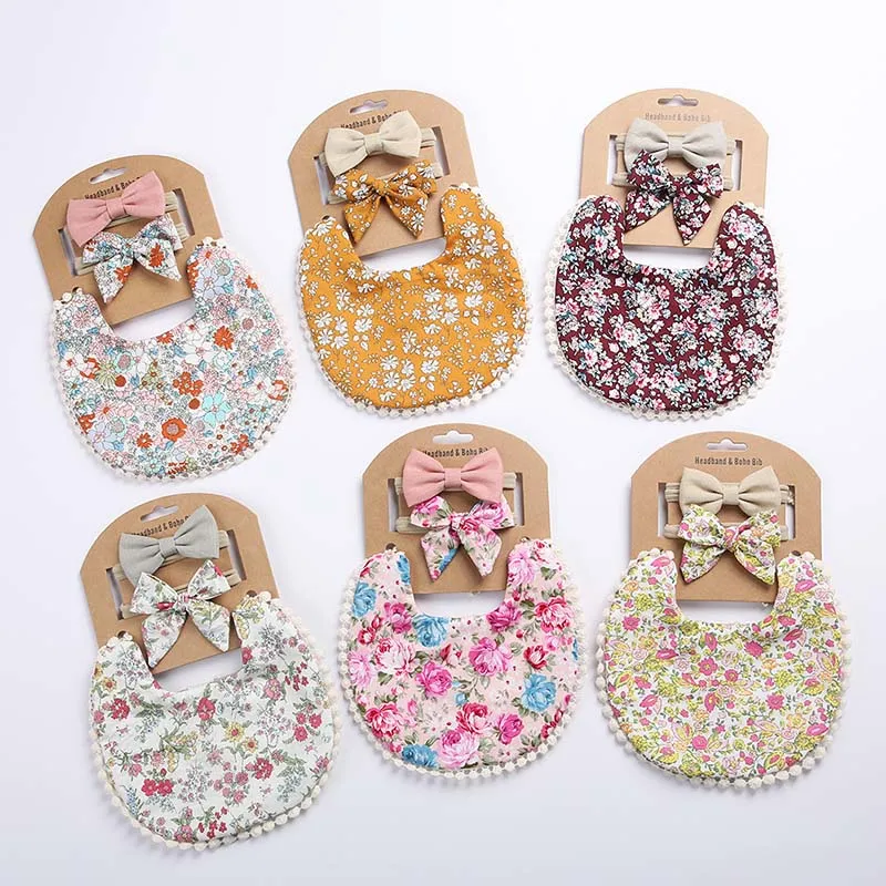 Baby Headband Tassel Saliva Towel Floral Print Newborn Double Side Bibs Boys Girls Bandana Burp Cloths Feeding Smock Stuff