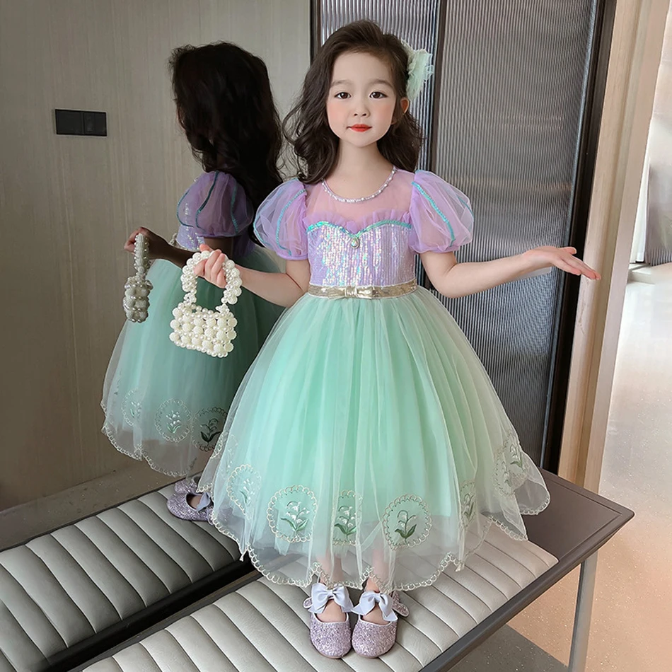 Girls Mermaid Dress for Kids Ball Gown Sequins Purple Puff Sleeves