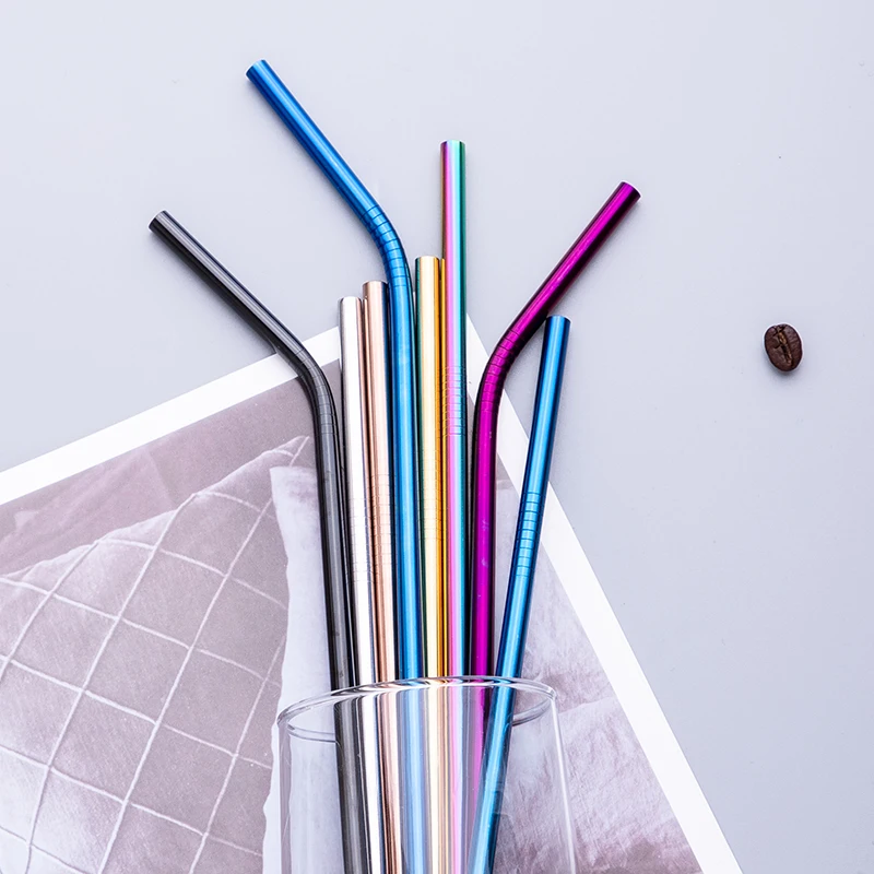Reusable Metal Drinking Straws 304 Stainless Steel Straw Sturdy Bent Straight Boba Straw with Cleaning Brush Bar Party Accessory drinking straws metal straw set cocktail accessories straw cleaner brush