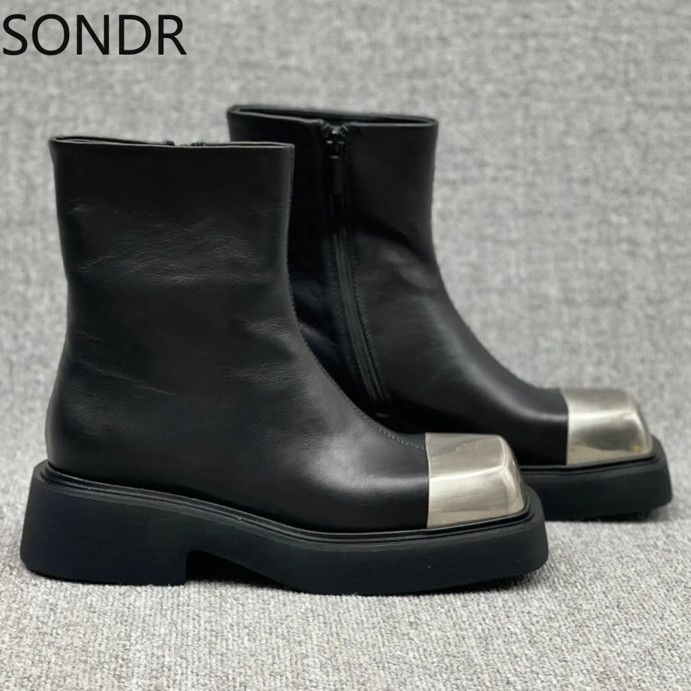 

Womens Square Metal Toe Ankle Boots Genuine Leather Platform Chunky Heel Retro Black Shoes Side Zipper Warm Winter New 2022