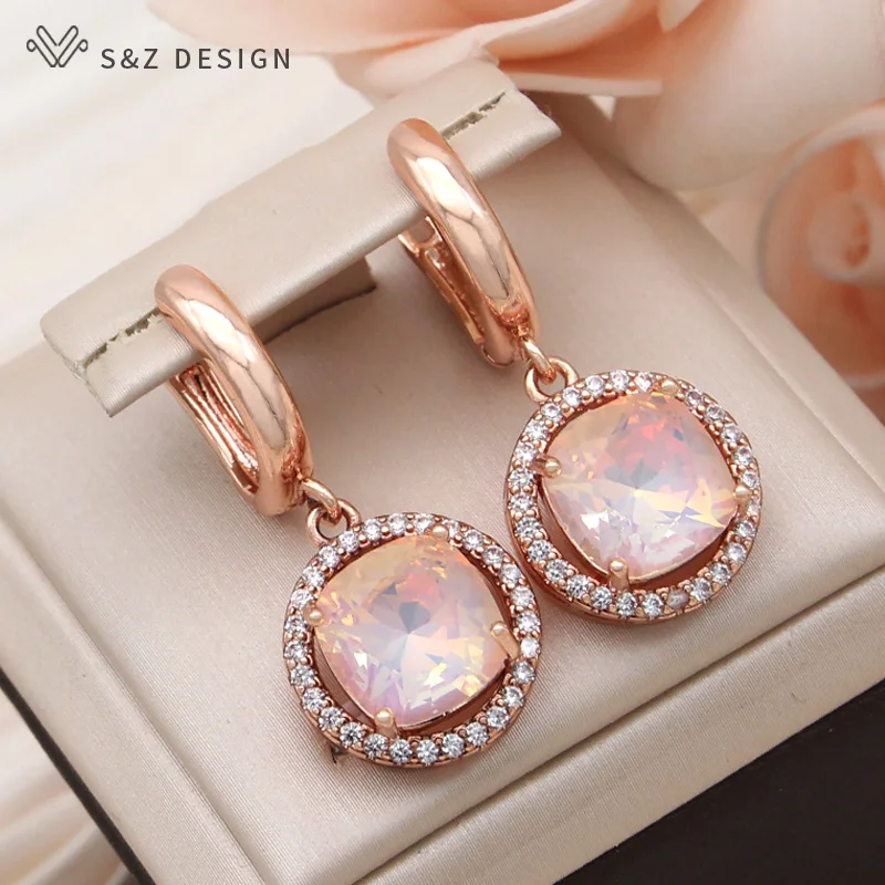S&Z DESIGN New Fashion Round Cubic Zirconia Square Crystal Dangle Earrings For Women 585 Rose Gold Color Wedding Party Jewelry